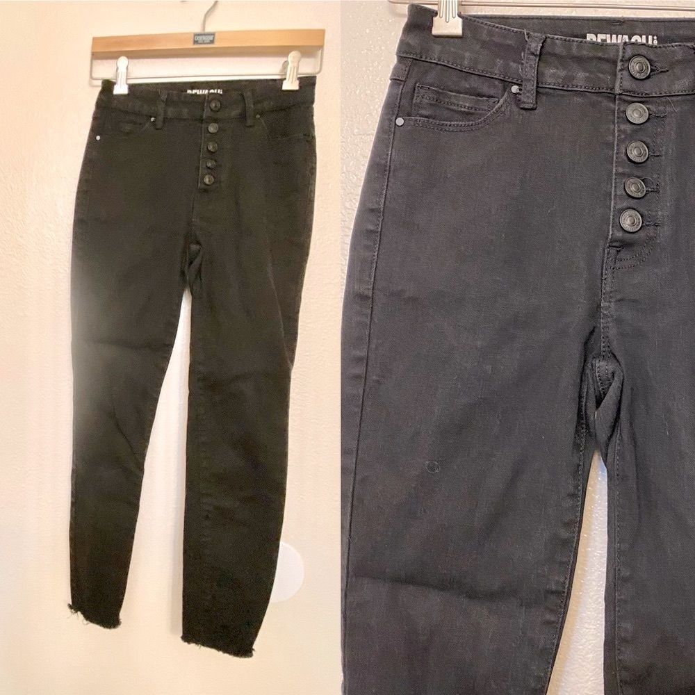 Rewash Black High Waist Button Fly Skinny Jeans Distressed Raw Hem 26